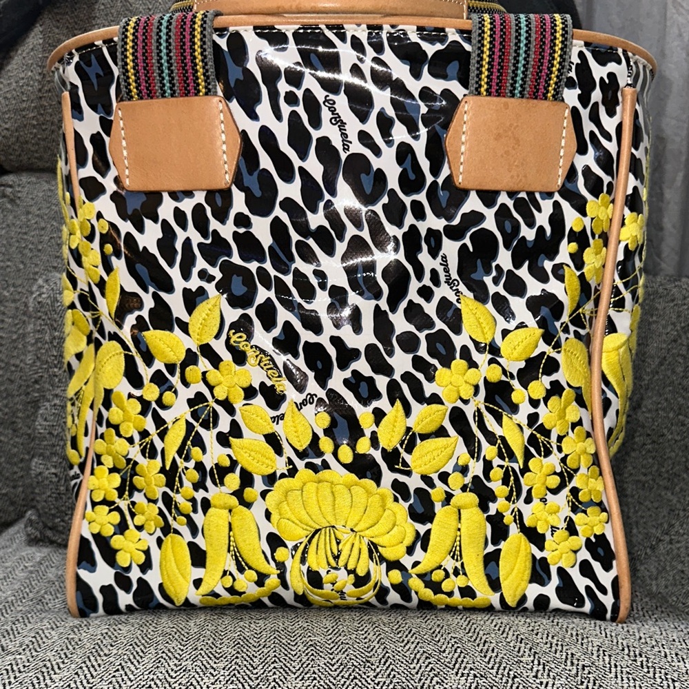 Consuela Leopard Print Tote with Yellow Floral Design